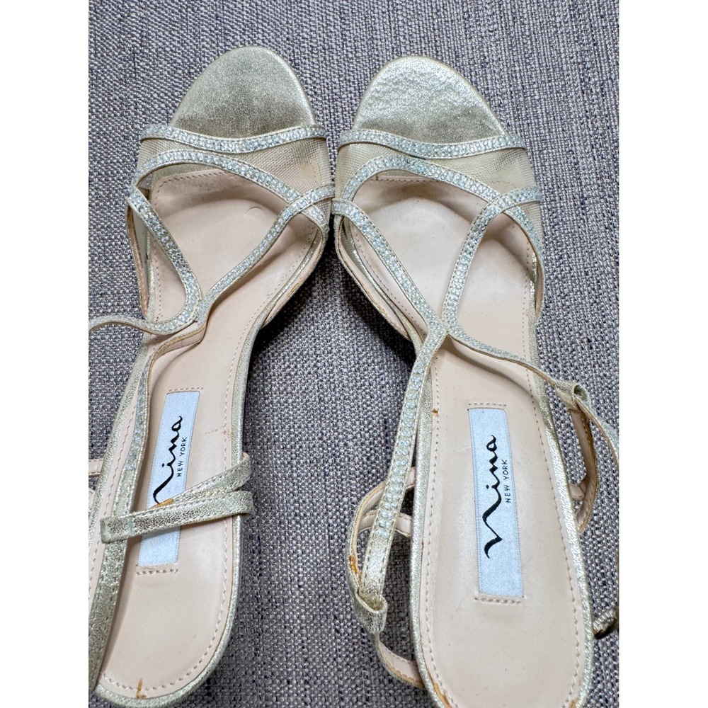 Nina New York Gold Metallic Rhinestone Strappy Evening Sandals Heels Size 10M